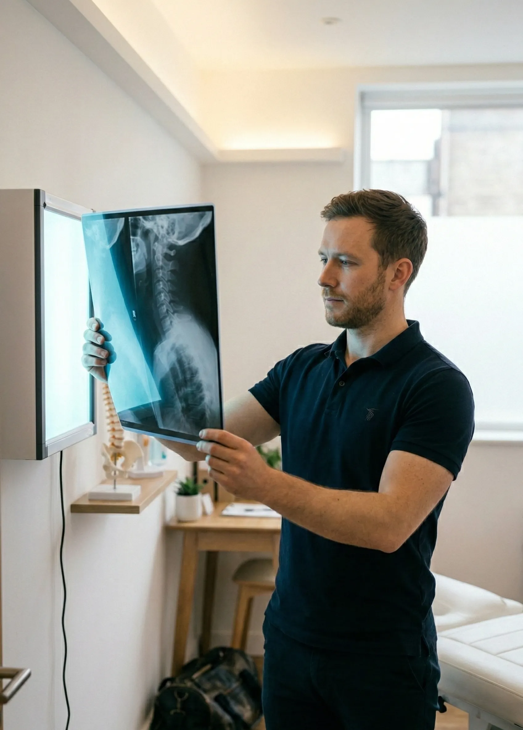 Chiropractor reviewing a spinal X-ray in a modern clinic