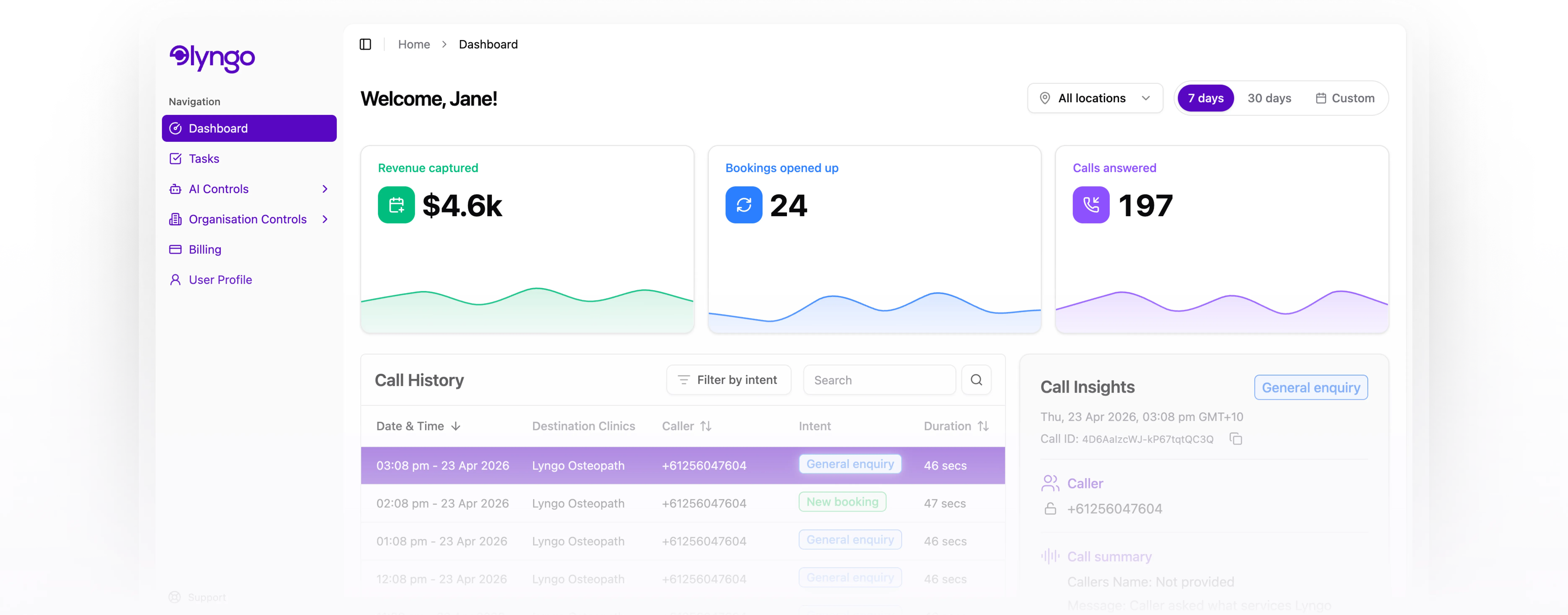 Lyngo dashboard showing call history, bookings and call insights