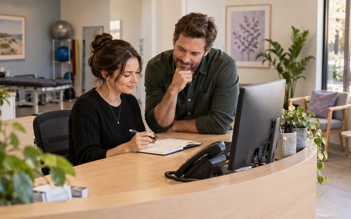 A clinic owner and receptionist reviewing a notebook at the front desk