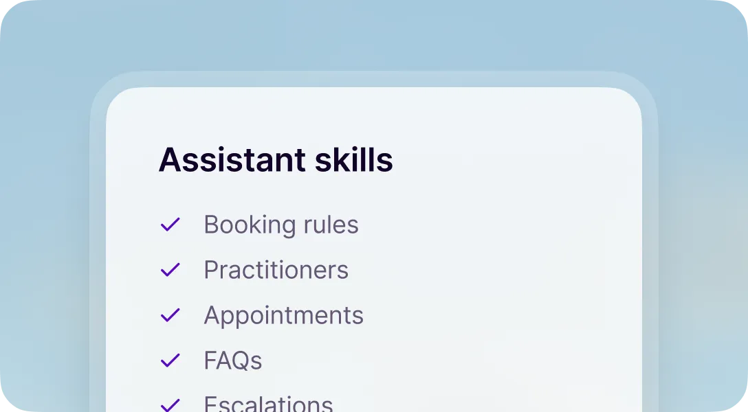 Lyngo AI receptionist skills for booking rules, practitioners, appointments, FAQs and escalations
