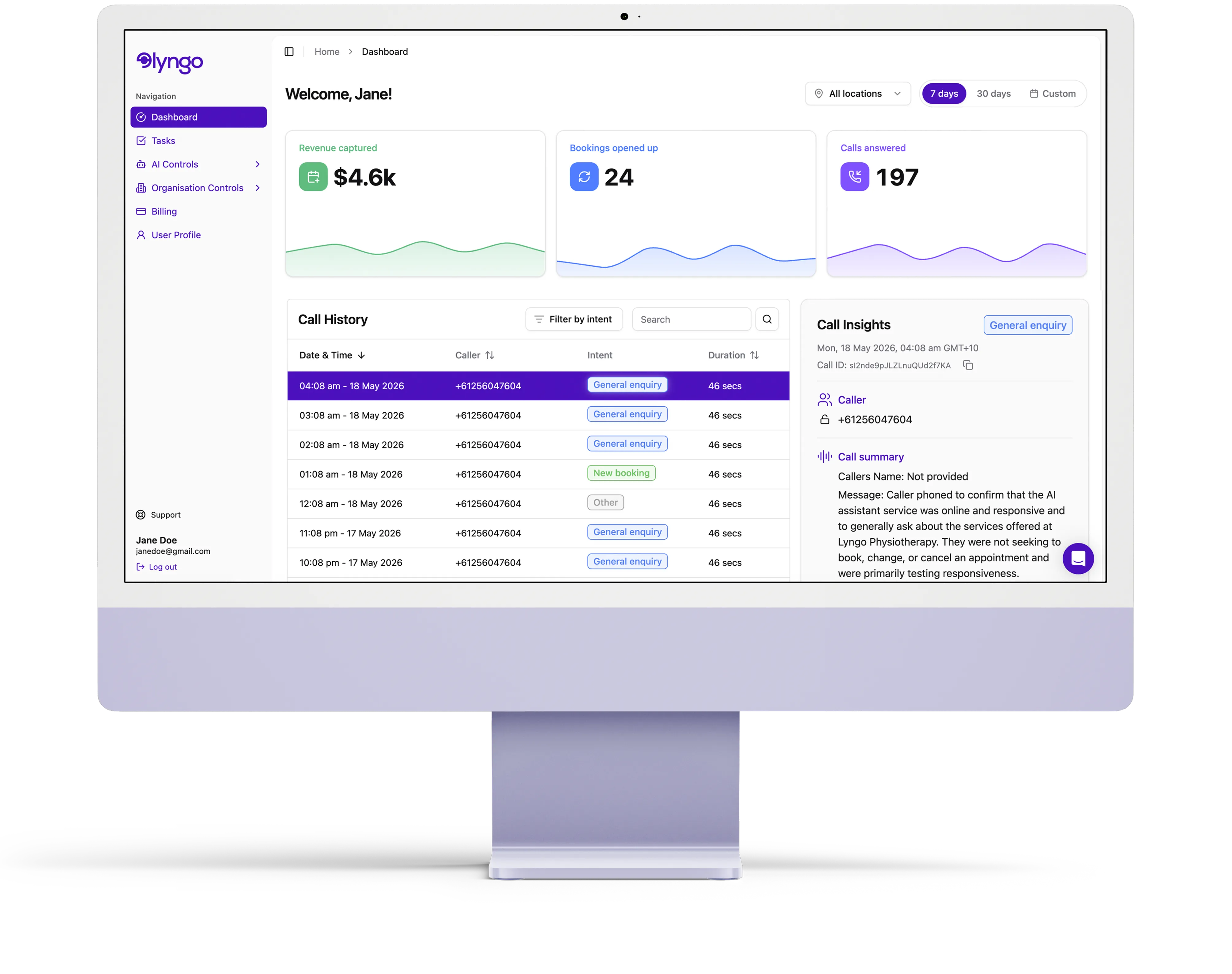 Lyngo dashboard showing call history, analytics, and follow-up tasks