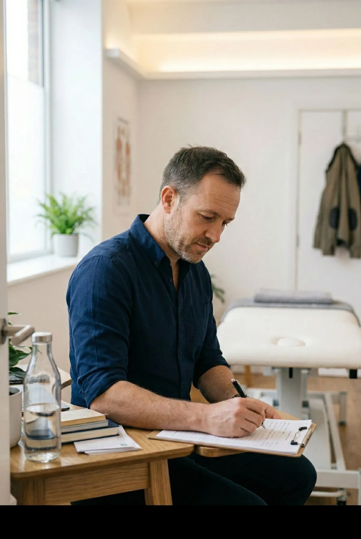 Osteopath specialist writing patient notes in a modern clinic