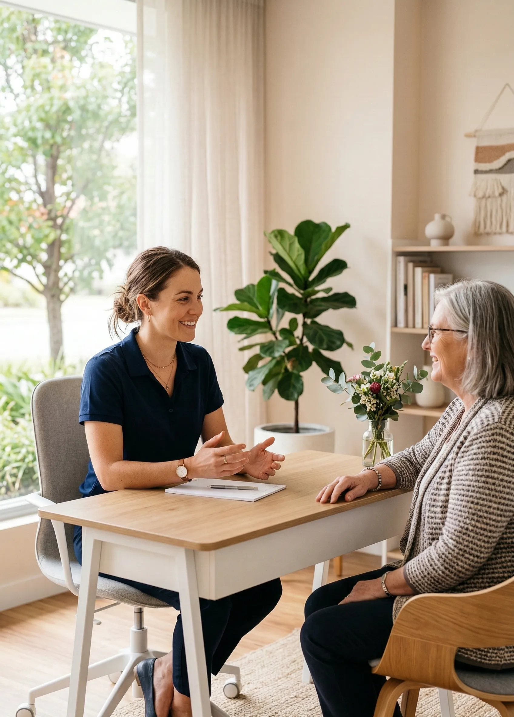 Healthcare specialist consulting with a patient across a desk in a bright clinic