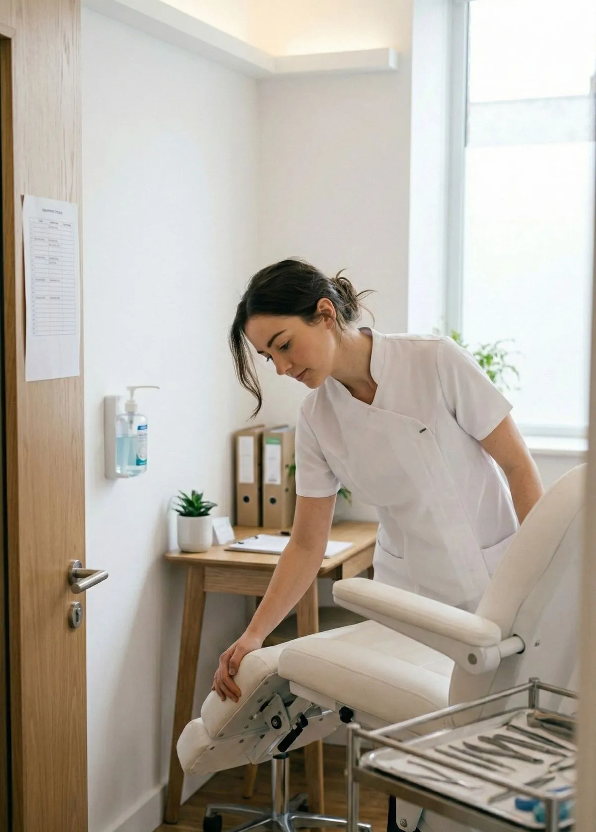 Podiatrist preparing a treatment chair in a modern clinic