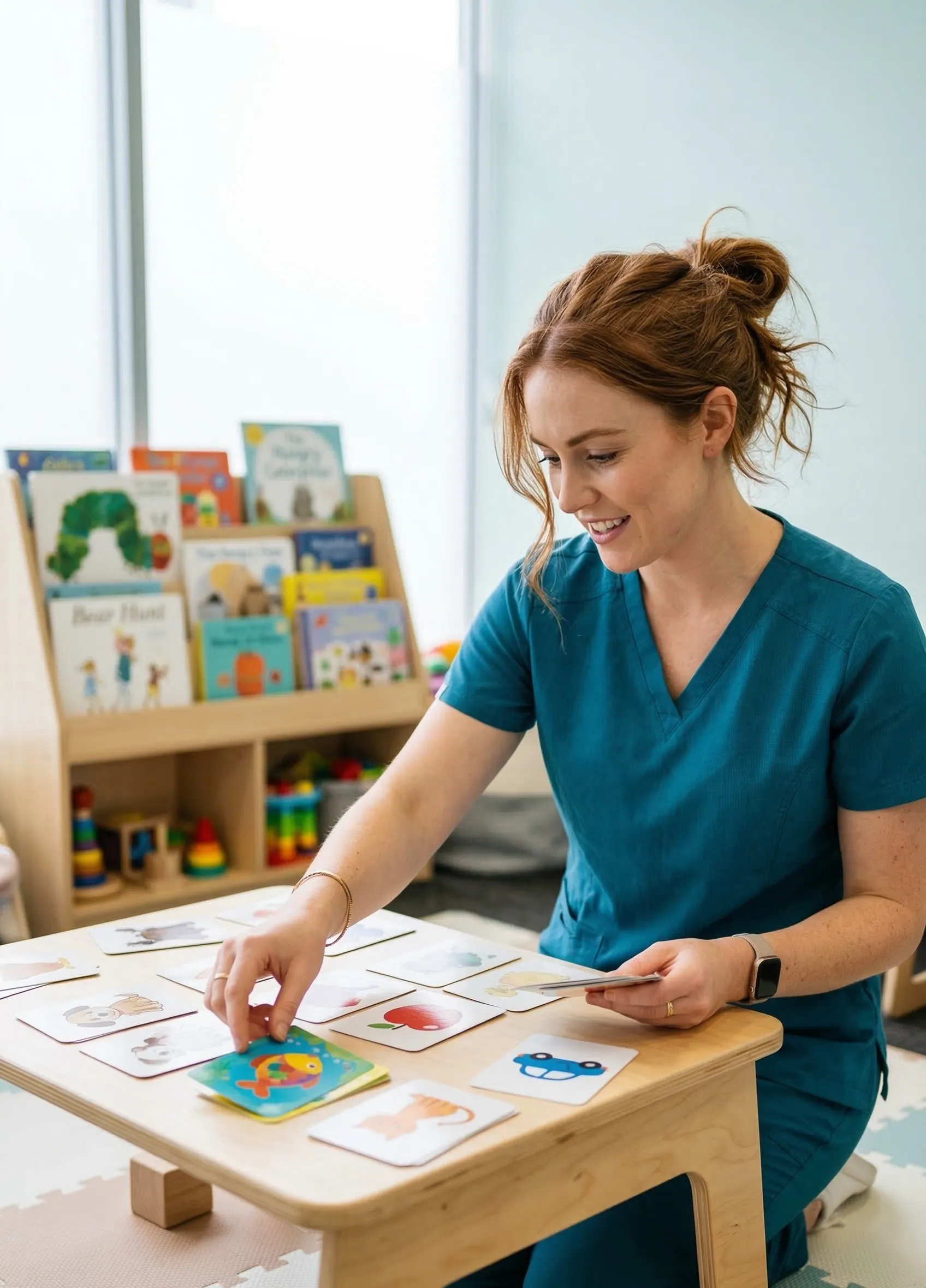 Speech pathologist sorting therapy flashcards at a low table in a paediatric clinic